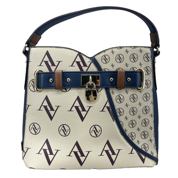 Adrienne Vittadini Sig Crossbody Logo Monogram Buckle Lock Detail Blue Tan Cream - Picture 1 of 9